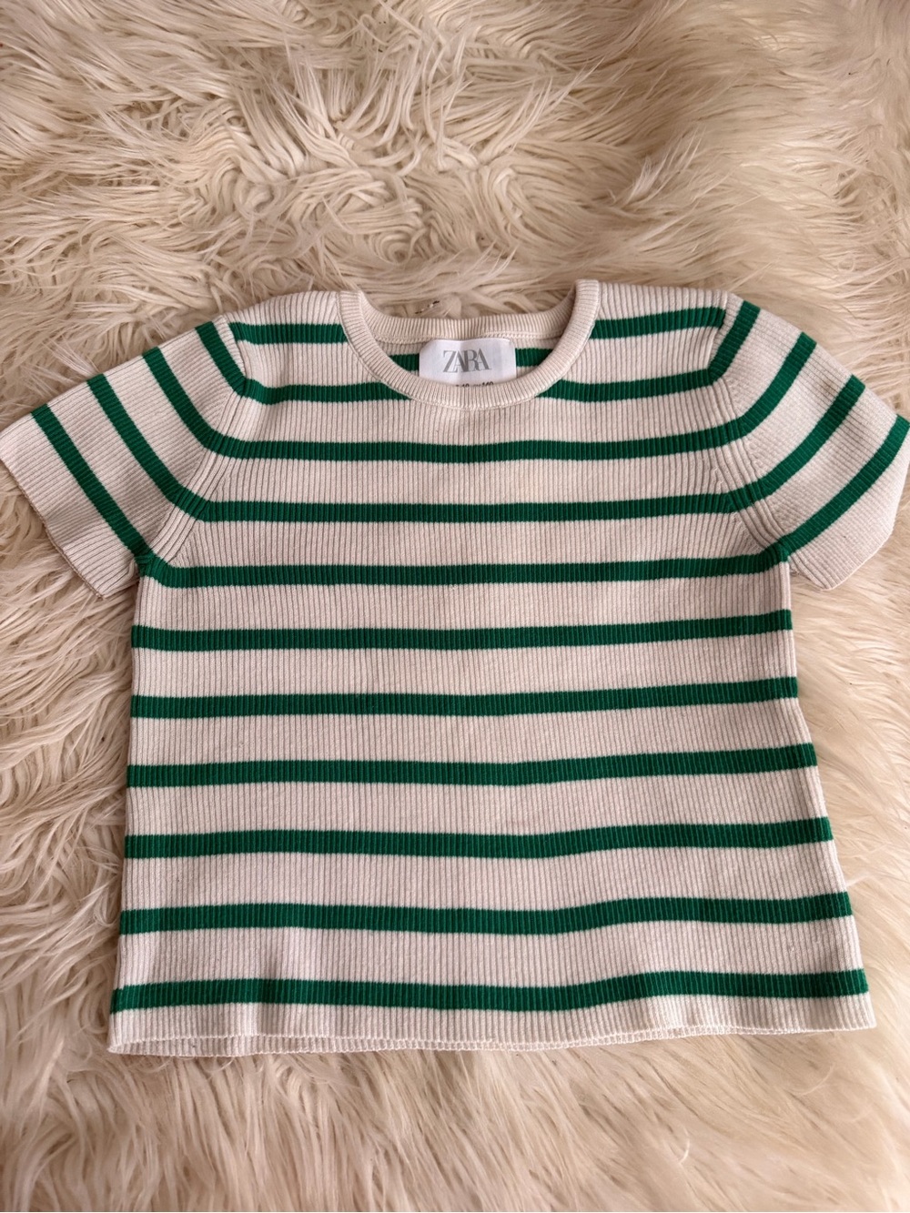 Zara Girls White and Green Striped Short-Sleeve Knit Tee